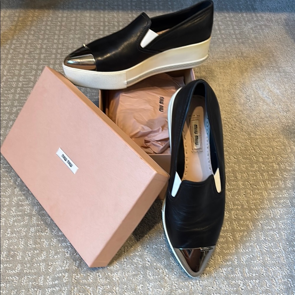Miu Miu Black Slip-On Skater Platform Sneakers with Silver-Toned Tips - 39.5